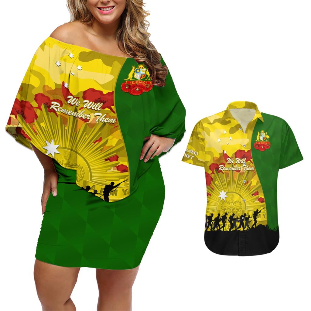 Australia Cricket ANZAC Day 2024 Couples Matching Off Shoulder Short Dress and Hawaiian Shirt Australian Army Camouflage With Poppies