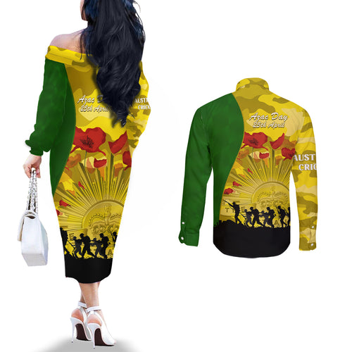 Australia Cricket ANZAC Day 2024 Couples Matching Off The Shoulder Long Sleeve Dress and Long Sleeve Button Shirt Australian Army Camouflage With Poppies