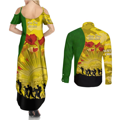 Australia Cricket ANZAC Day 2024 Couples Matching Summer Maxi Dress and Long Sleeve Button Shirt Australian Army Camouflage With Poppies
