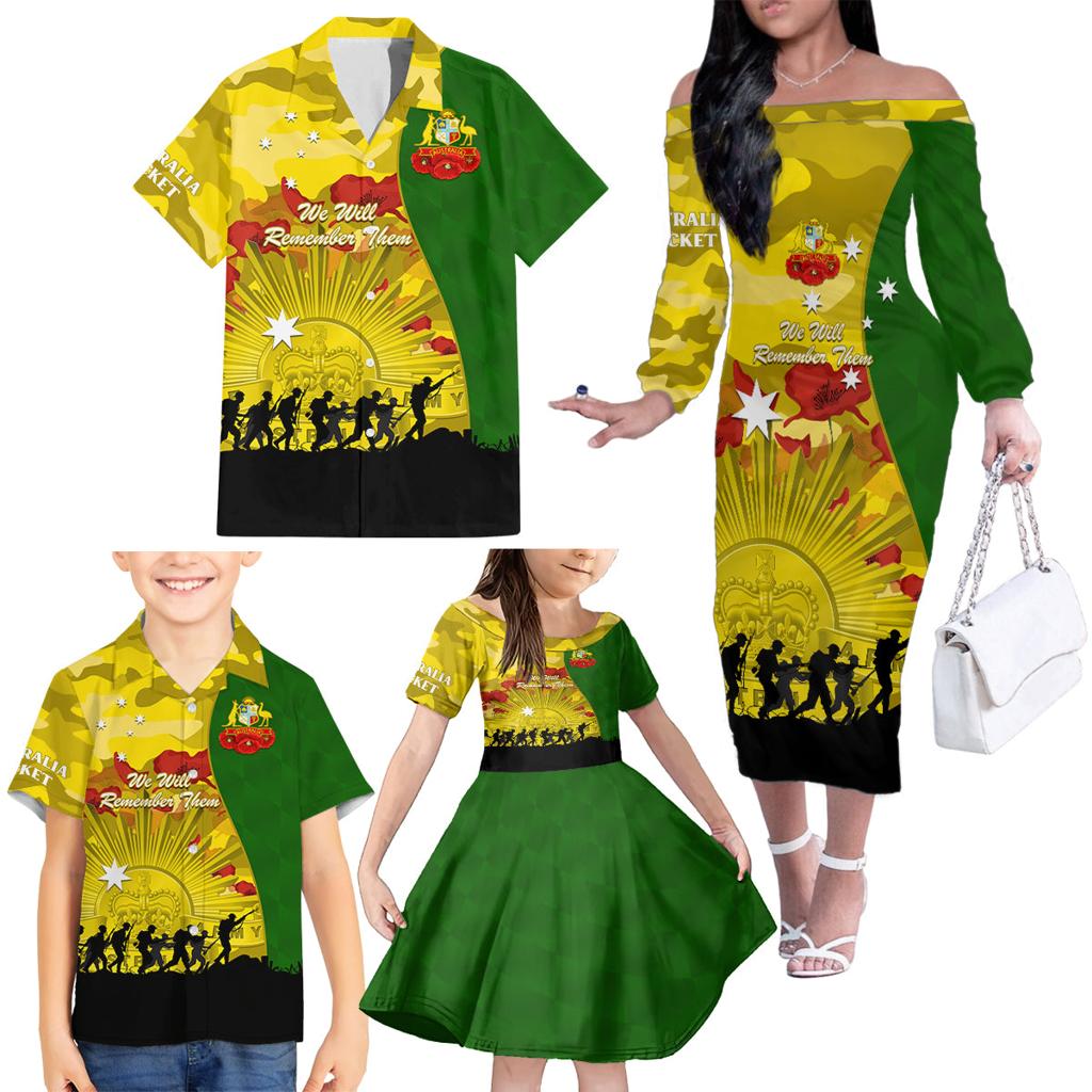 Australia Cricket ANZAC Day 2024 Family Matching Off Shoulder Long Sleeve Dress and Hawaiian Shirt Australian Army Camouflage With Poppies