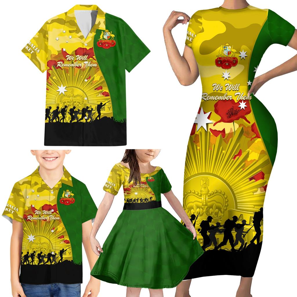 Australia Cricket ANZAC Day 2024 Family Matching Short Sleeve Bodycon Dress and Hawaiian Shirt Australian Army Camouflage With Poppies