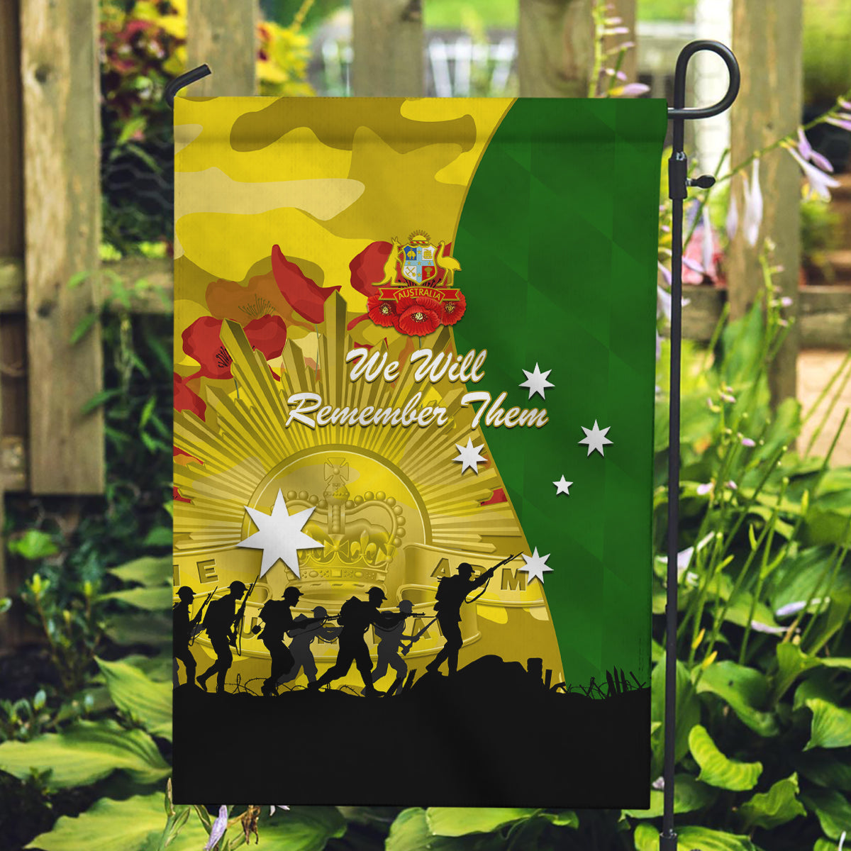 Australia Cricket ANZAC Day 2024 Garden Flag Australian Army Camouflage With Poppies