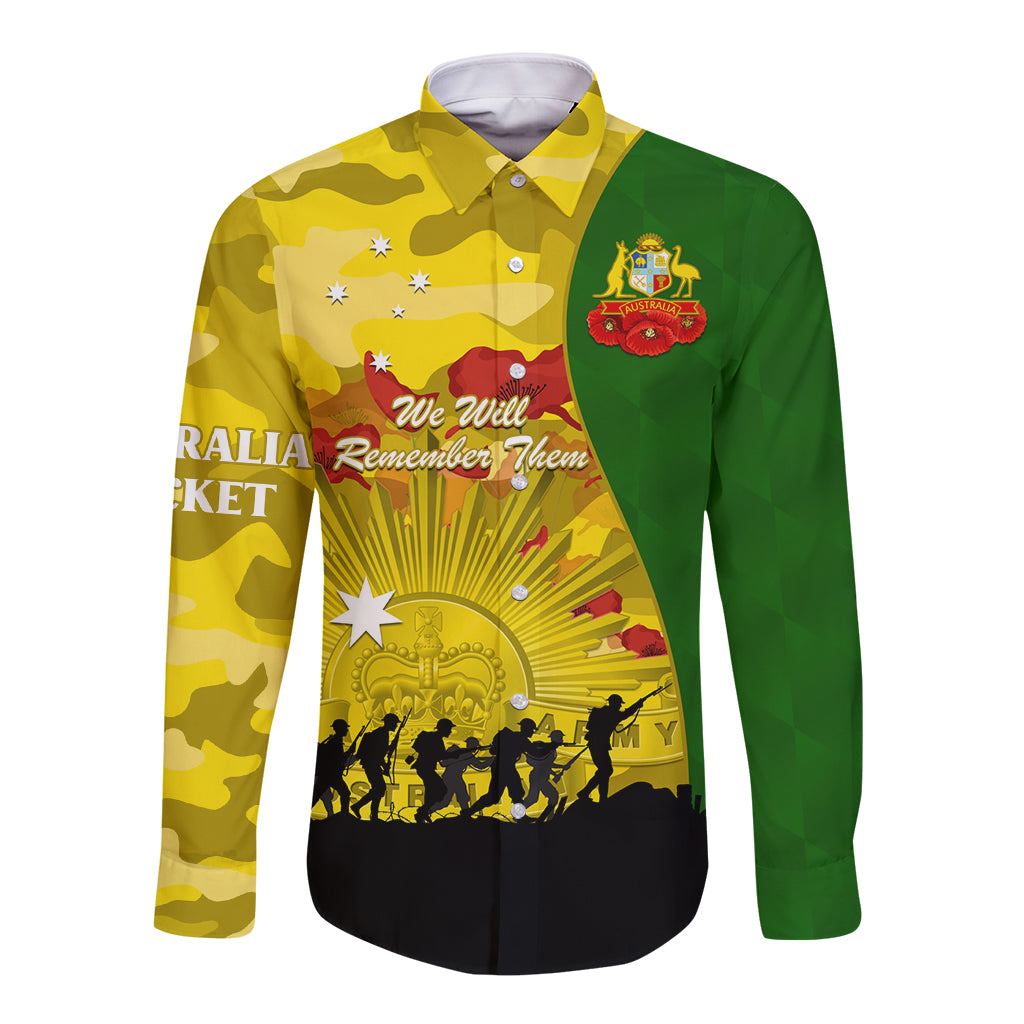 Australia Cricket ANZAC Day 2024 Long Sleeve Button Shirt Australian Army Camouflage With Poppies