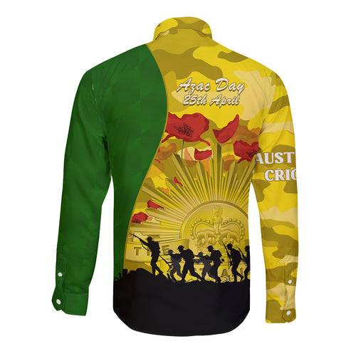 Australia Cricket ANZAC Day 2024 Long Sleeve Button Shirt Australian Army Camouflage With Poppies