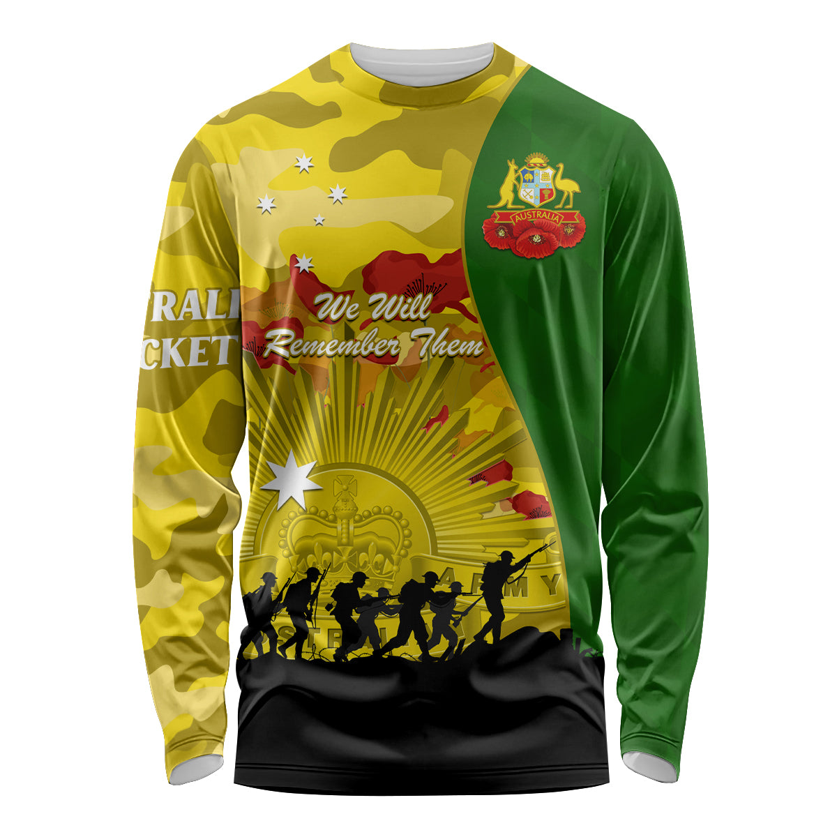 Australia Cricket ANZAC Day 2024 Long Sleeve Shirt Australian Army Camouflage With Poppies