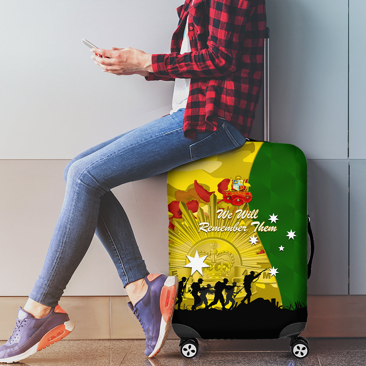 Australia Cricket ANZAC Day 2024 Luggage Cover Australian Army Camouflage With Poppies