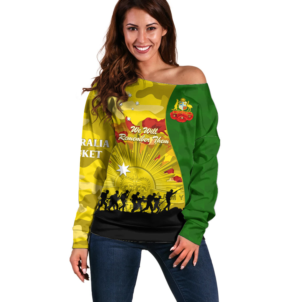 Australia Cricket ANZAC Day 2024 Off Shoulder Sweater Australian Army Camouflage With Poppies