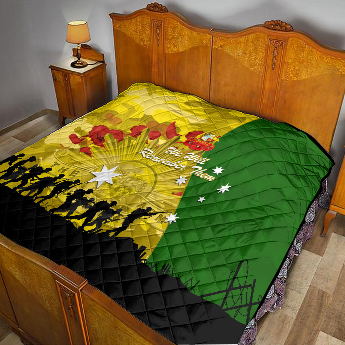 Australia Cricket ANZAC Day 2024 Quilt Australian Army Camouflage With Poppies