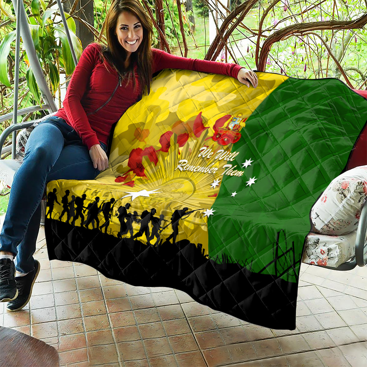 Australia Cricket ANZAC Day 2024 Quilt Australian Army Camouflage With Poppies