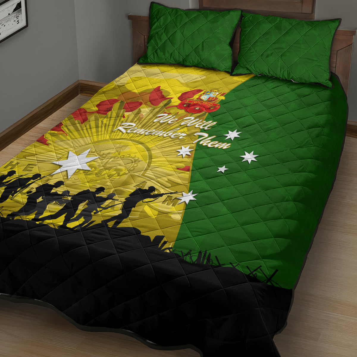 Australia Cricket ANZAC Day 2024 Quilt Bed Set Australian Army Camouflage With Poppies