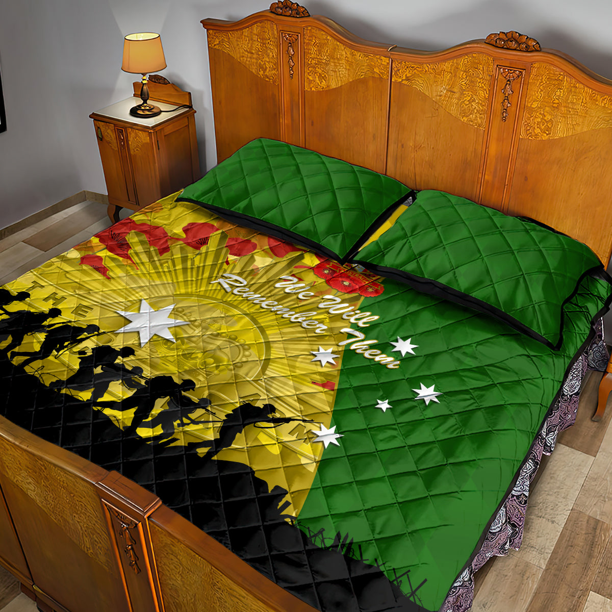 Australia Cricket ANZAC Day 2024 Quilt Bed Set Australian Army Camouflage With Poppies