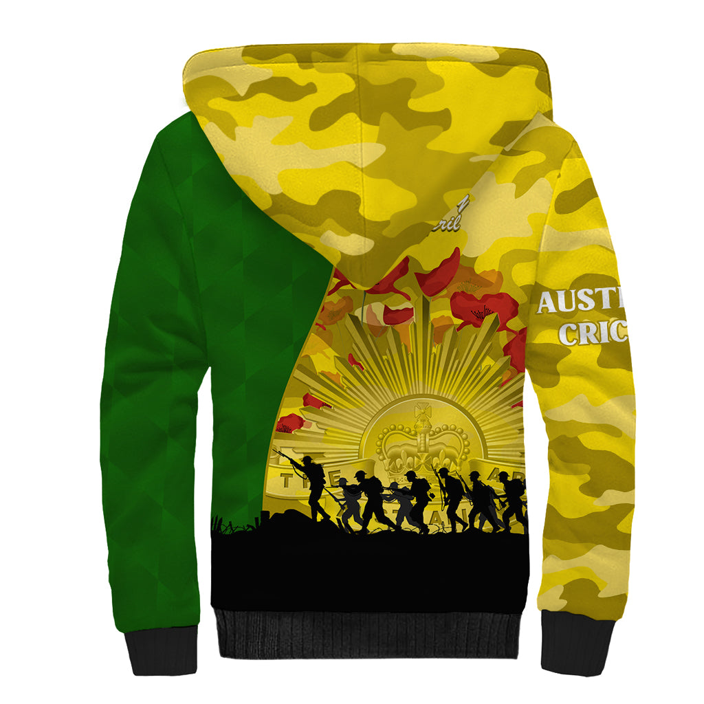 Australia Cricket ANZAC Day 2024 Sherpa Hoodie Australian Army Camouflage With Poppies
