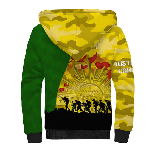 Australia Cricket ANZAC Day 2024 Sherpa Hoodie Australian Army Camouflage With Poppies