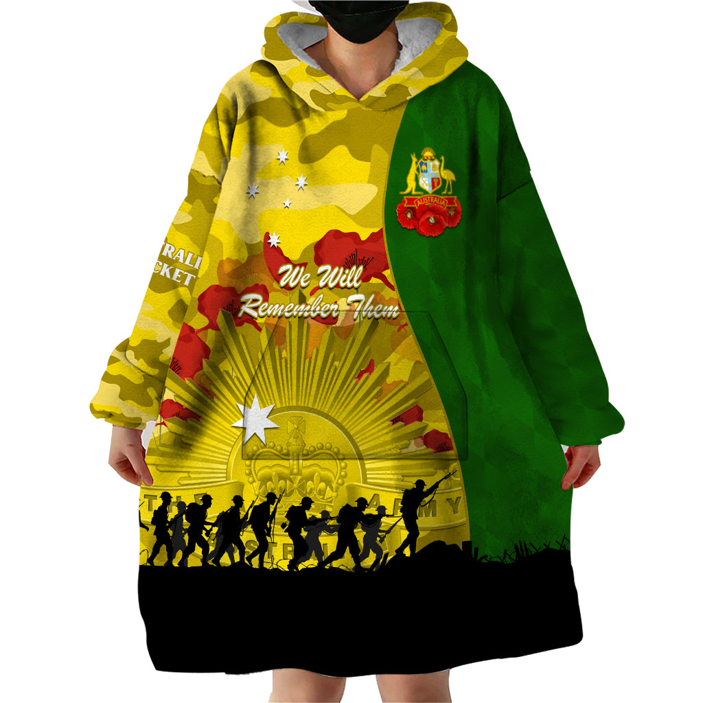 Australia Cricket ANZAC Day 2024 Wearable Blanket Hoodie Australian Army Camouflage With Poppies