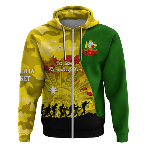 Australia Cricket ANZAC Day 2024 Zip Hoodie Australian Army Camouflage With Poppies