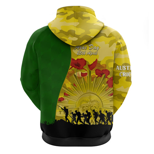 Australia Cricket ANZAC Day 2024 Zip Hoodie Australian Army Camouflage With Poppies