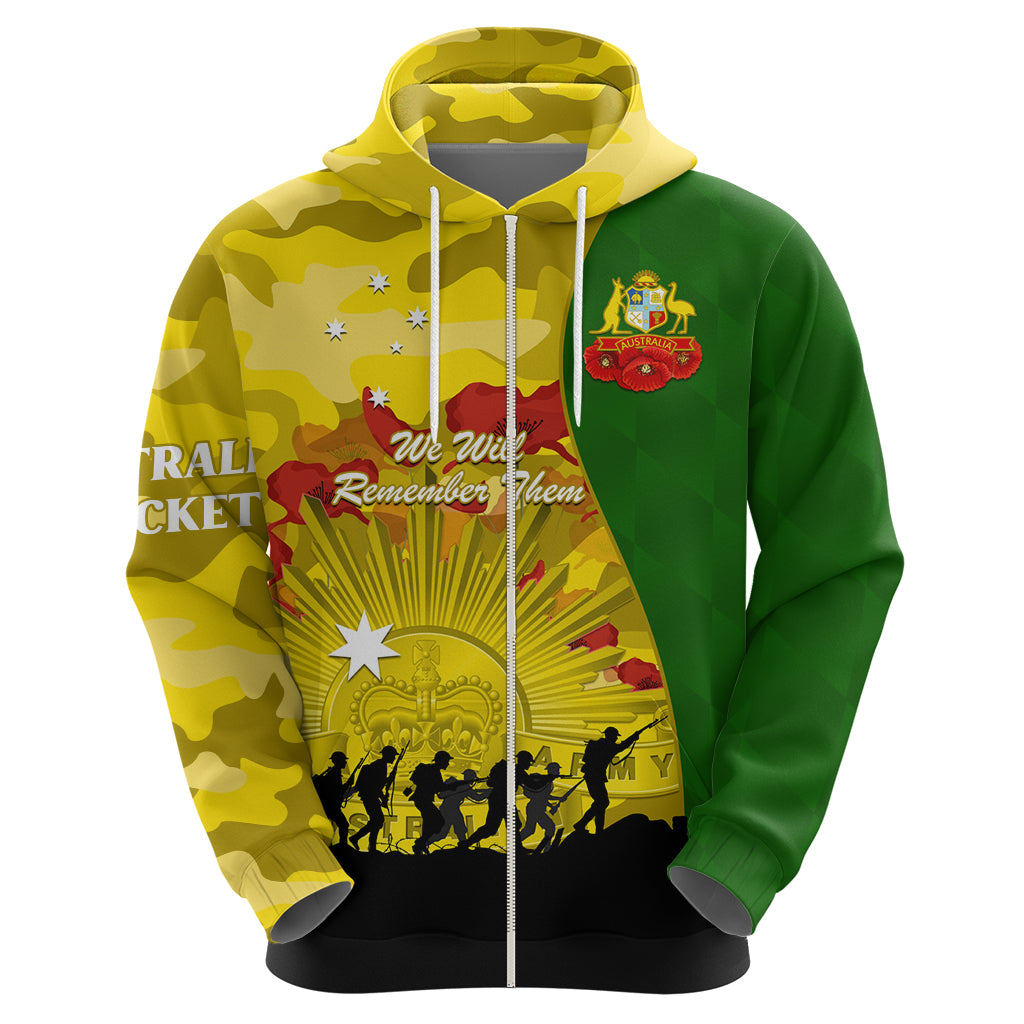 Australia Cricket ANZAC Day 2024 Zip Hoodie Australian Army Camouflage With Poppies