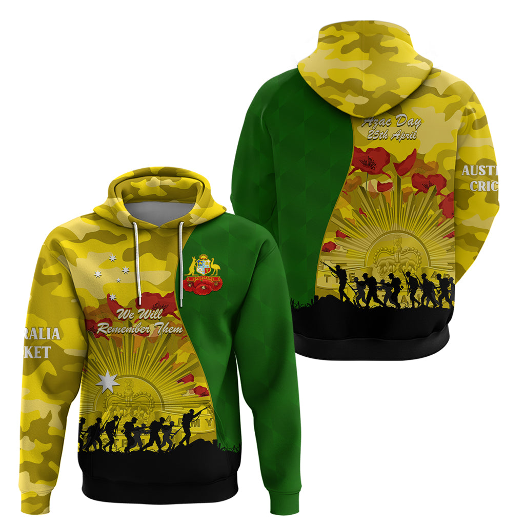 Australia Cricket ANZAC Day 2024 Zip Hoodie Australian Army Camouflage With Poppies