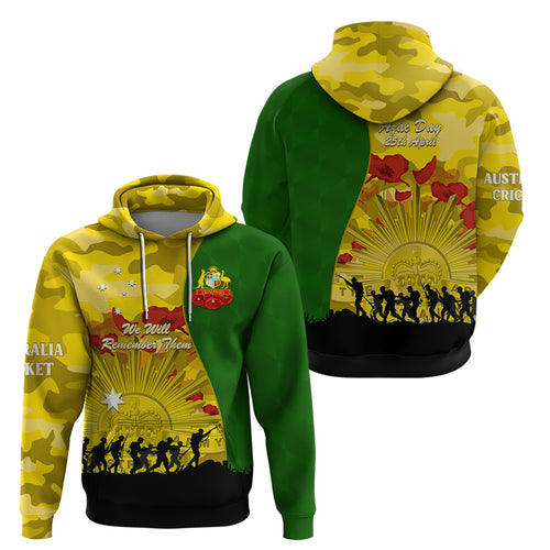 Australia Cricket ANZAC Day 2024 Zip Hoodie Australian Army Camouflage With Poppies