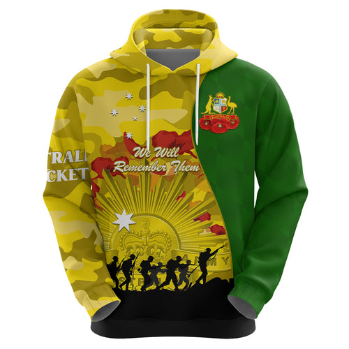 Australia Cricket ANZAC Day 2024 Zip Hoodie Australian Army Camouflage With Poppies