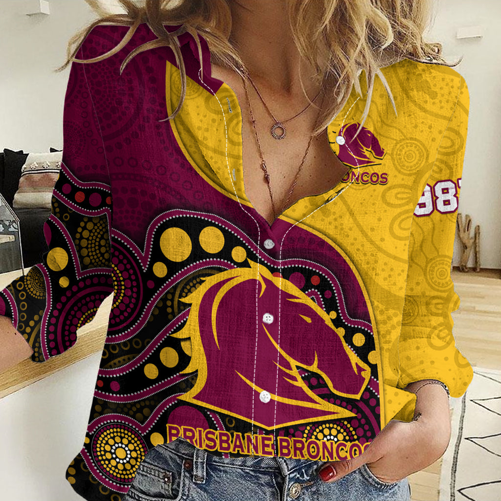 Broncos Rugby Women Casual Shirt Brisbane 1987 Indigenous Art LT14