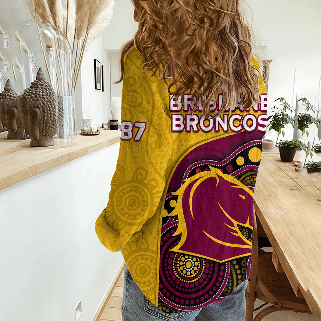 Broncos Rugby Women Casual Shirt Brisbane 1987 Indigenous Art LT14