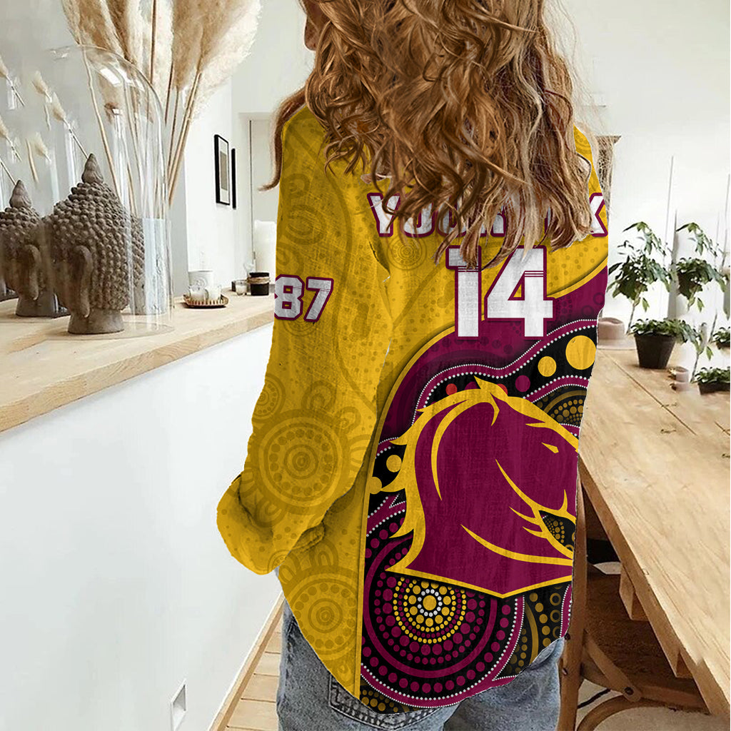 (Custom Text And Number) Broncos Rugby Women Casual Shirt Brisbane 1987 Indigenous Art LT14
