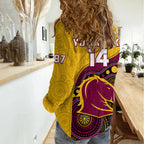 (Custom Text And Number) Broncos Rugby Women Casual Shirt Brisbane 1987 Indigenous Art LT14