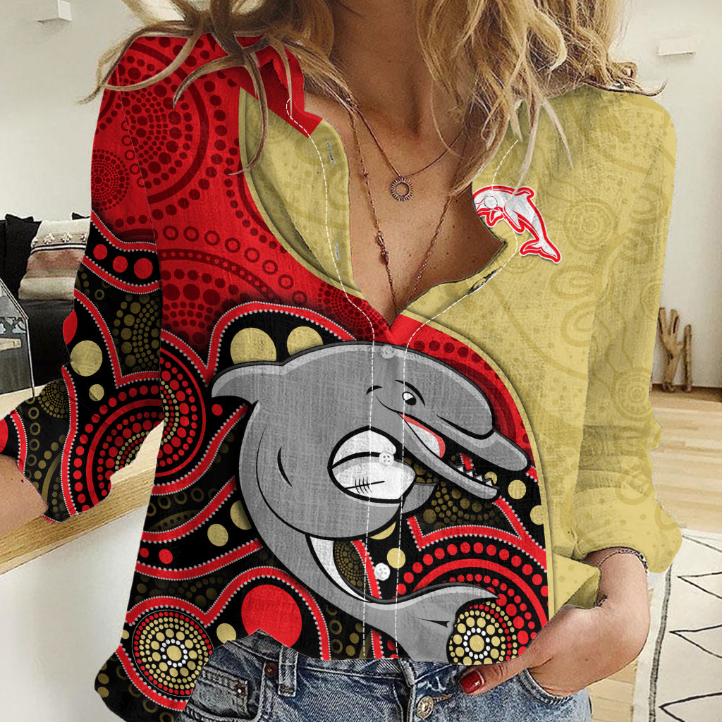 Dolphins Rugby Women Casual Shirt Phins Up Indigenous Art LT14