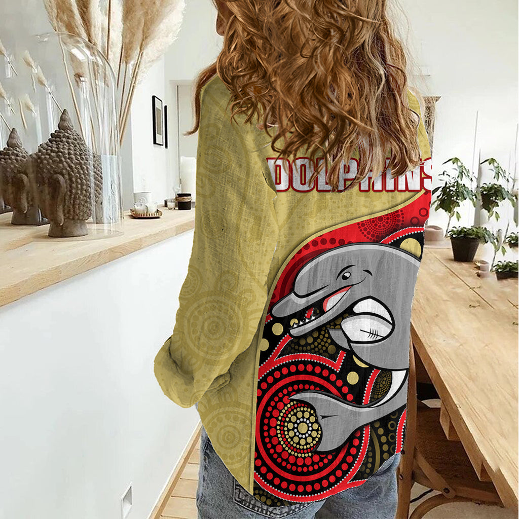 Dolphins Rugby Women Casual Shirt Phins Up Indigenous Art LT14