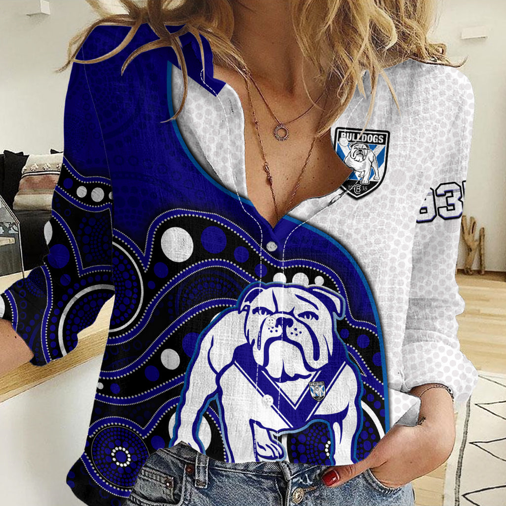 (Custom Text And Number) Bulldogs Rugby Women Casual Shirt Go Doggies Indigenous Art LT14