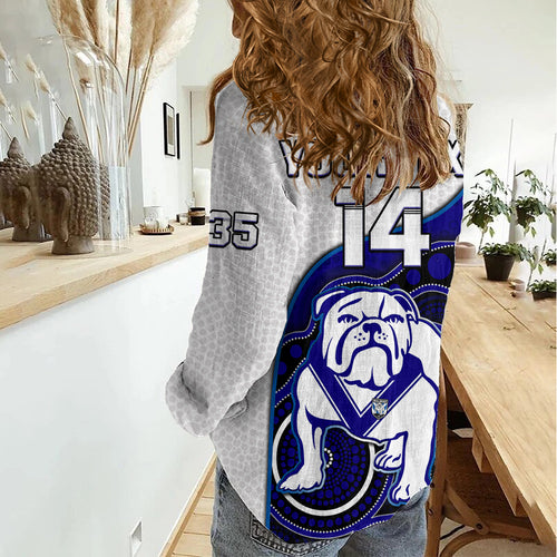 (Custom Text And Number) Bulldogs Rugby Women Casual Shirt Go Doggies Indigenous Art LT14