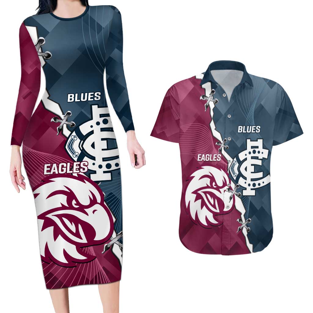 Personalised NRL Eagles and AFL Blues Couples Matching Long Sleeve Bodycon Dress and Hawaiian Shirt Dynamic Style