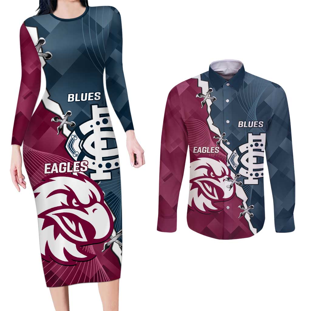 Personalised NRL Eagles and AFL Blues Couples Matching Long Sleeve Bodycon Dress and Long Sleeve Button Shirt Dynamic Style