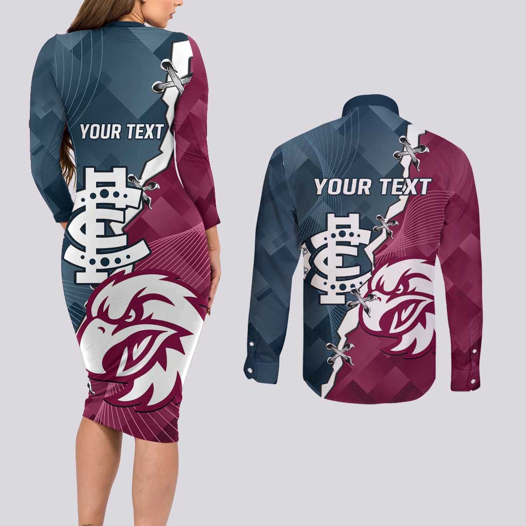 Personalised NRL Eagles and AFL Blues Couples Matching Long Sleeve Bodycon Dress and Long Sleeve Button Shirt Dynamic Style
