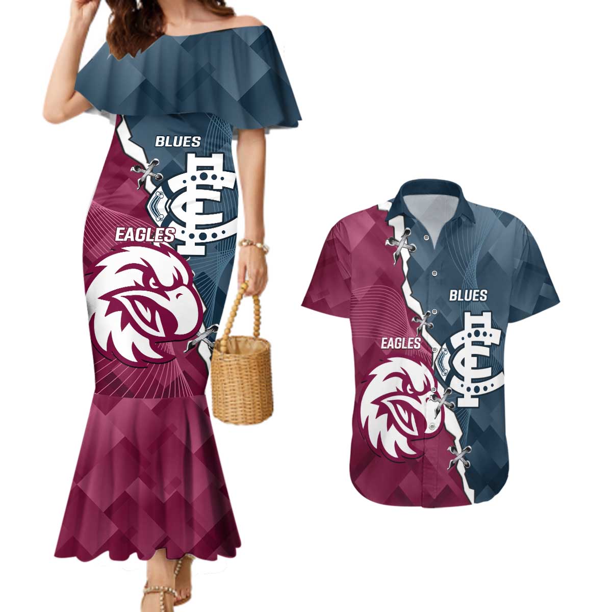 Personalised NRL Eagles and AFL Blues Couples Matching Mermaid Dress and Hawaiian Shirt Dynamic Style