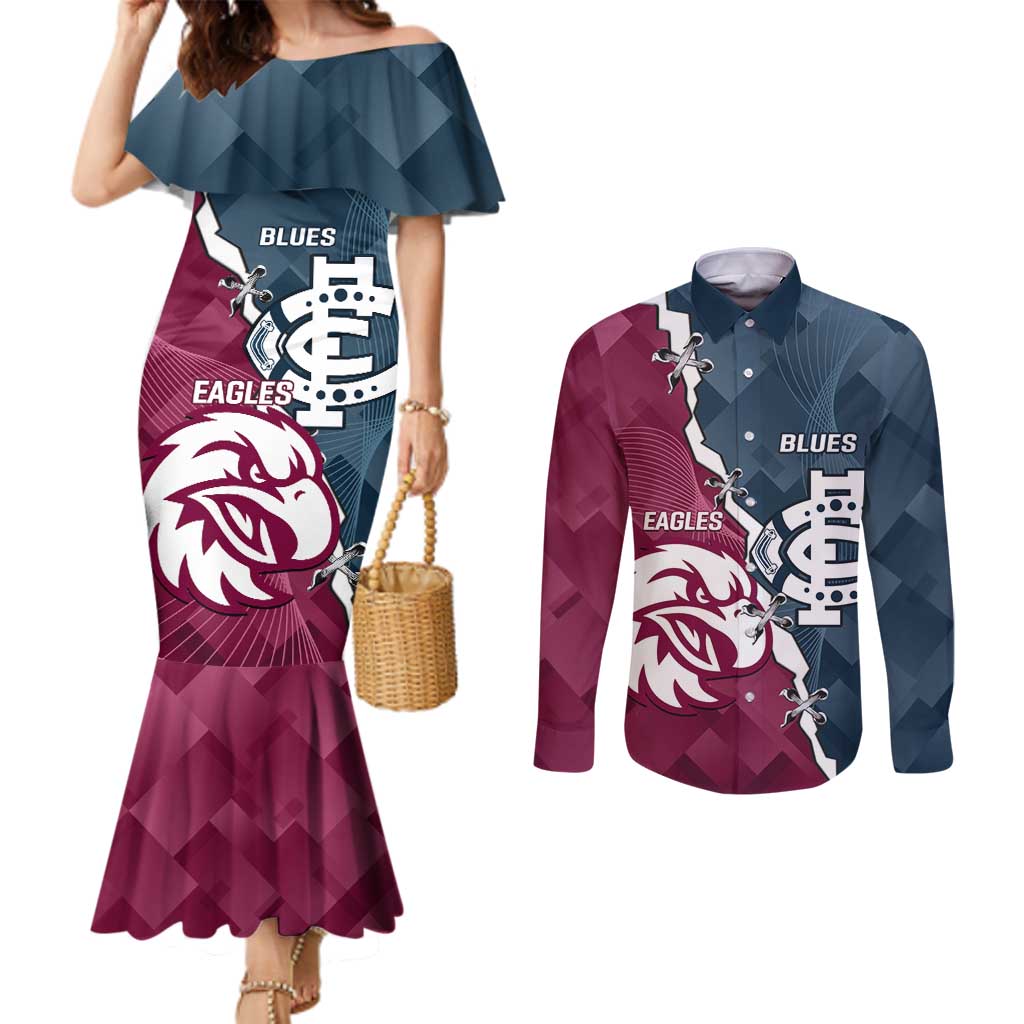 Personalised NRL Eagles and AFL Blues Couples Matching Mermaid Dress and Long Sleeve Button Shirt Dynamic Style