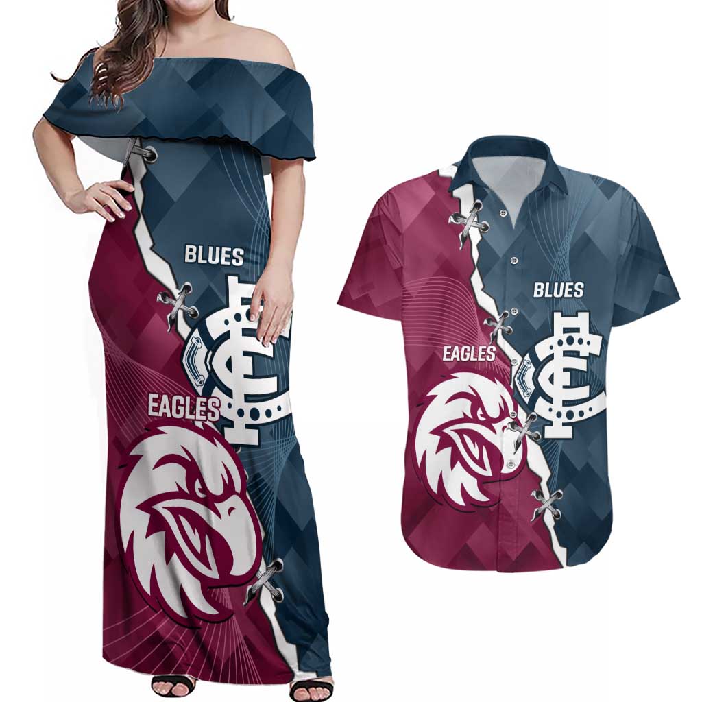 Personalised NRL Eagles and AFL Blues Couples Matching Off Shoulder Maxi Dress and Hawaiian Shirt Dynamic Style
