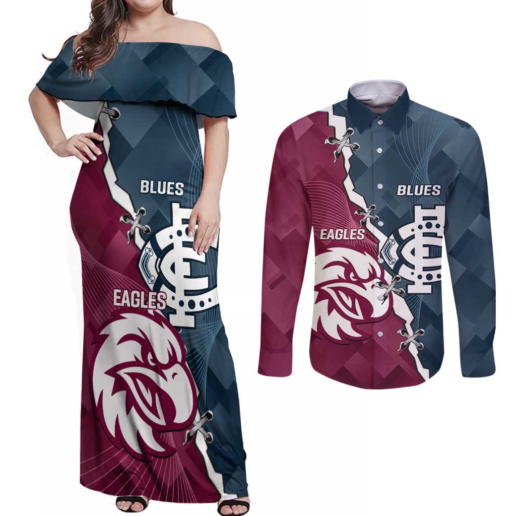 Personalised NRL Eagles and AFL Blues Couples Matching Off Shoulder Maxi Dress and Long Sleeve Button Shirt Dynamic Style