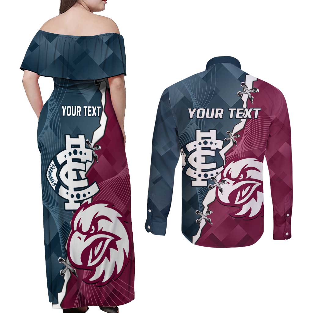 Personalised NRL Eagles and AFL Blues Couples Matching Off Shoulder Maxi Dress and Long Sleeve Button Shirt Dynamic Style