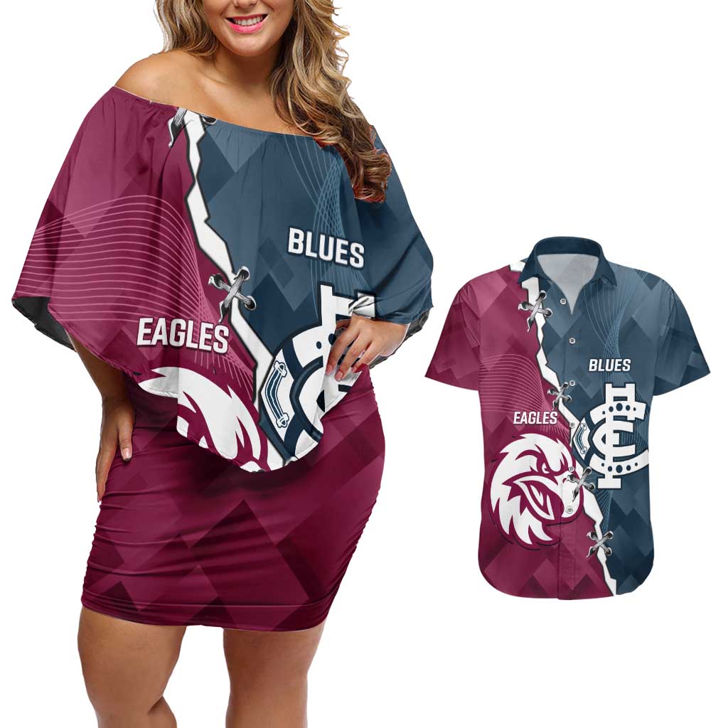 Personalised NRL Eagles and AFL Blues Couples Matching Off Shoulder Short Dress and Hawaiian Shirt Dynamic Style