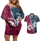 Personalised NRL Eagles and AFL Blues Couples Matching Off Shoulder Short Dress and Hawaiian Shirt Dynamic Style