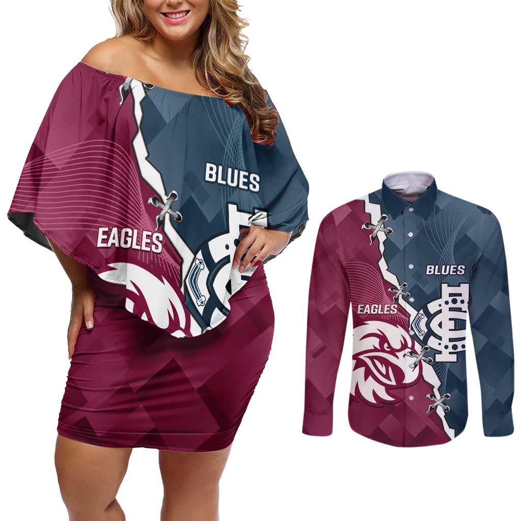 Personalised NRL Eagles and AFL Blues Couples Matching Off Shoulder Short Dress and Long Sleeve Button Shirt Dynamic Style