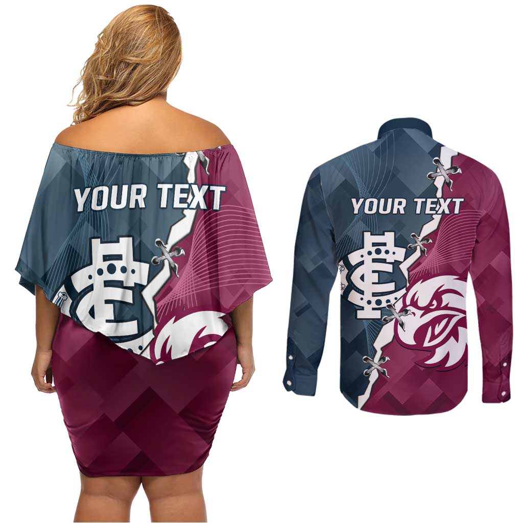 Personalised NRL Eagles and AFL Blues Couples Matching Off Shoulder Short Dress and Long Sleeve Button Shirt Dynamic Style
