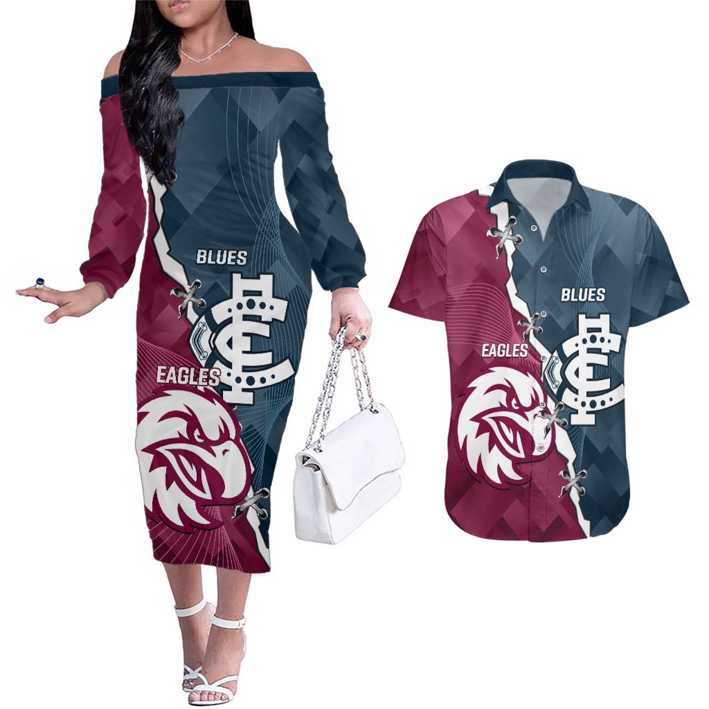 Personalised NRL Eagles and AFL Blues Couples Matching Off The Shoulder Long Sleeve Dress and Hawaiian Shirt Dynamic Style