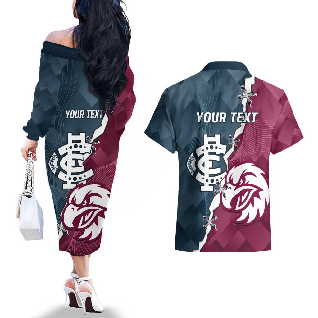 Personalised NRL Eagles and AFL Blues Couples Matching Off The Shoulder Long Sleeve Dress and Hawaiian Shirt Dynamic Style
