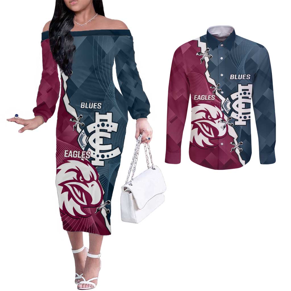 Personalised NRL Eagles and AFL Blues Couples Matching Off The Shoulder Long Sleeve Dress and Long Sleeve Button Shirt Dynamic Style