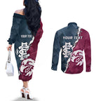 Personalised NRL Eagles and AFL Blues Couples Matching Off The Shoulder Long Sleeve Dress and Long Sleeve Button Shirt Dynamic Style