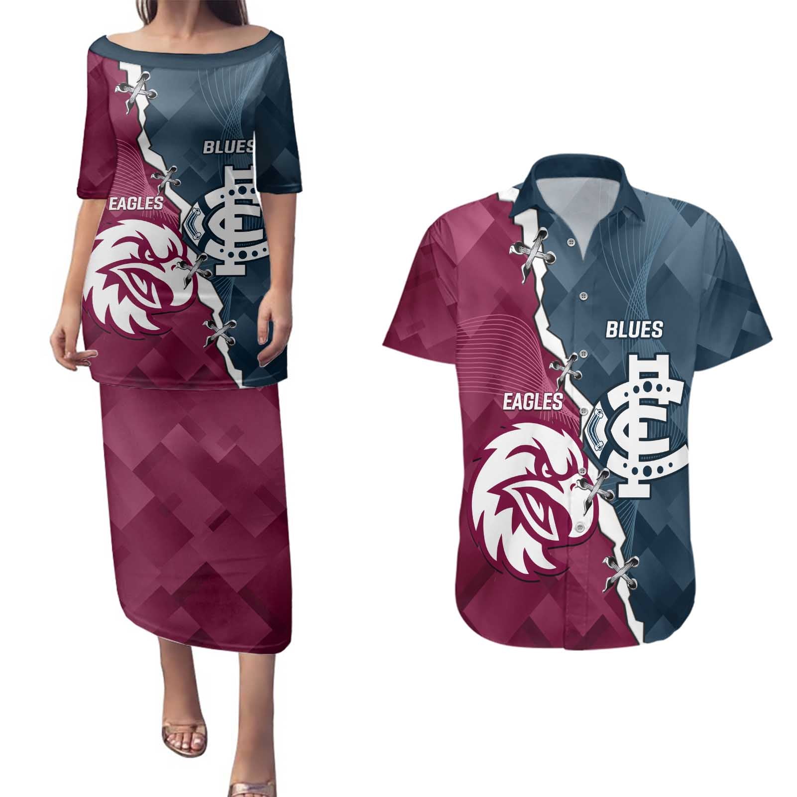 Personalised NRL Eagles and AFL Blues Couples Matching Puletasi and Hawaiian Shirt Dynamic Style