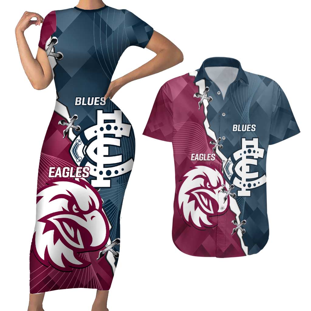 Personalised NRL Eagles and AFL Blues Couples Matching Short Sleeve Bodycon Dress and Hawaiian Shirt Dynamic Style